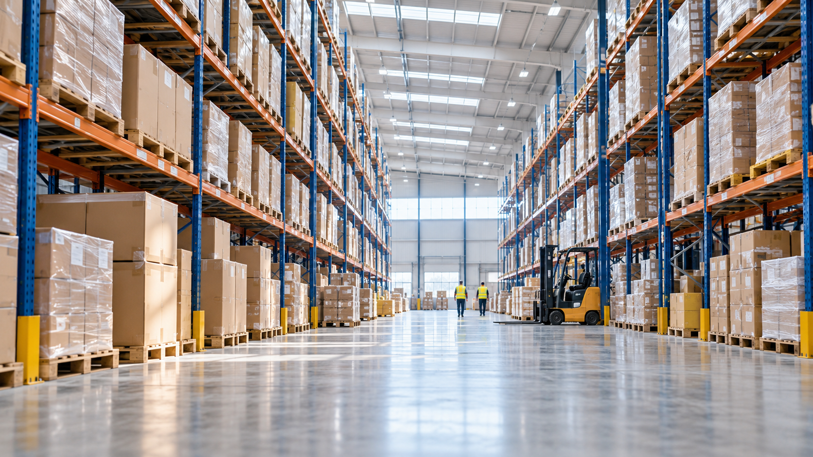 Bright, organized warehouse with shelving, pallets, and unbranded supplies